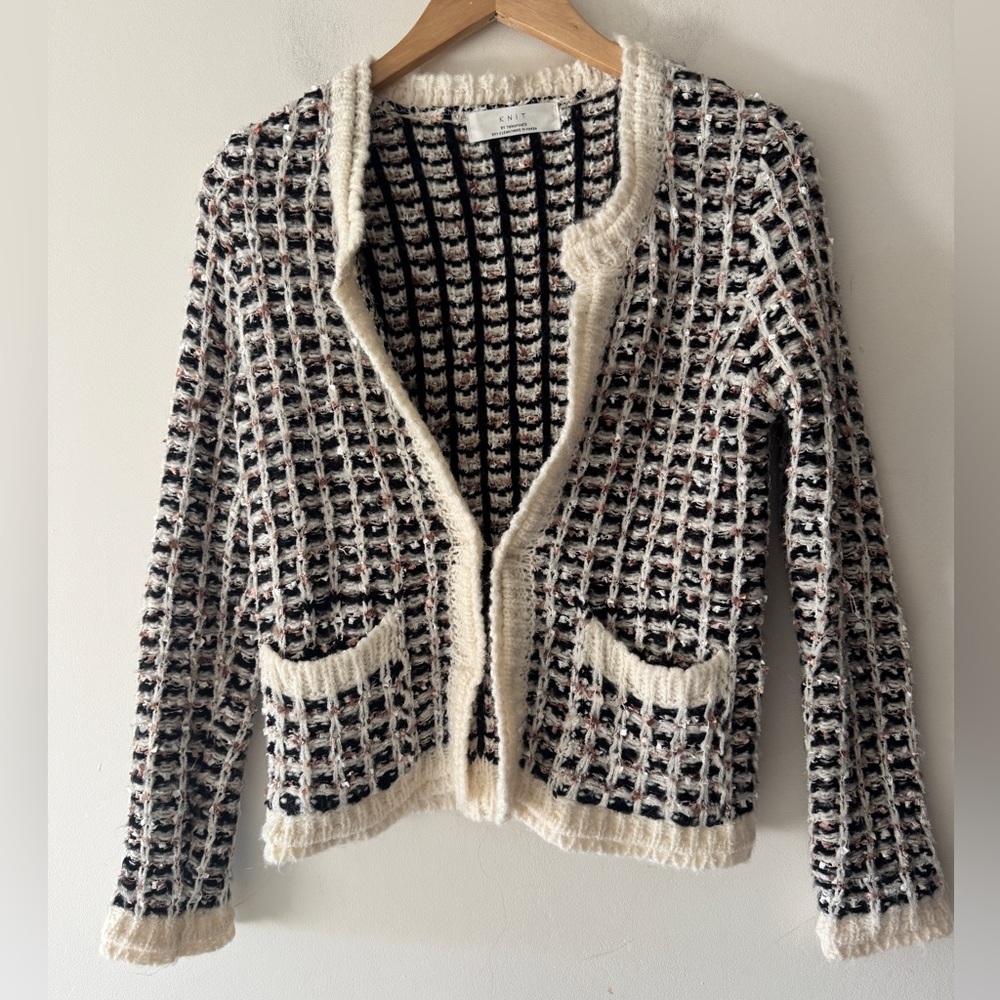 Vintage Knit by Tomotom Black Brown White Plaid Chunky Knit Sweater‎ Cardigan